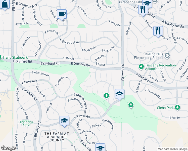 map of restaurants, bars, coffee shops, grocery stores, and more near 18060 East Orchard Place in Aurora