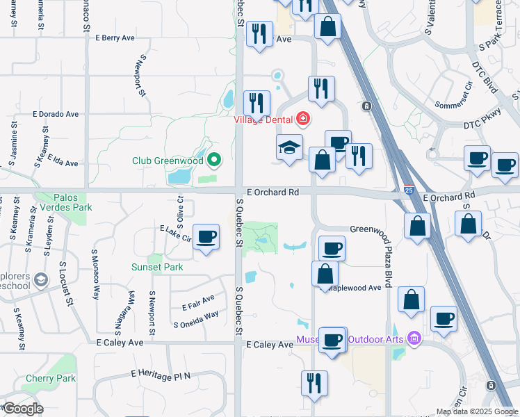 map of restaurants, bars, coffee shops, grocery stores, and more near 7400 E Orchard Rd in Greenwood Village
