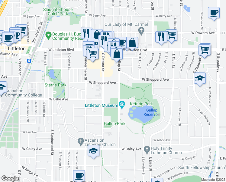map of restaurants, bars, coffee shops, grocery stores, and more near 5957 South Gallup Street in Littleton