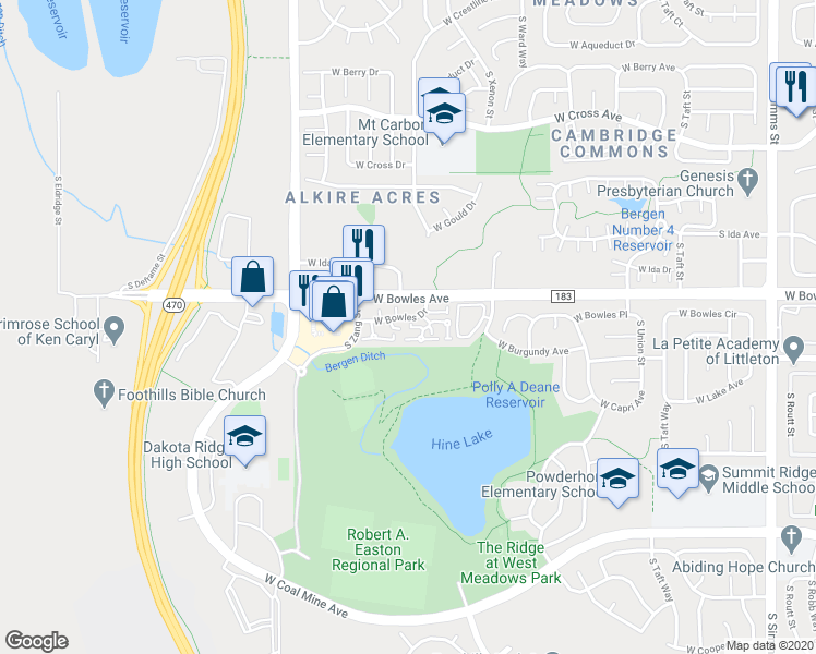 map of restaurants, bars, coffee shops, grocery stores, and more near 12765 West Brittany Drive in Littleton