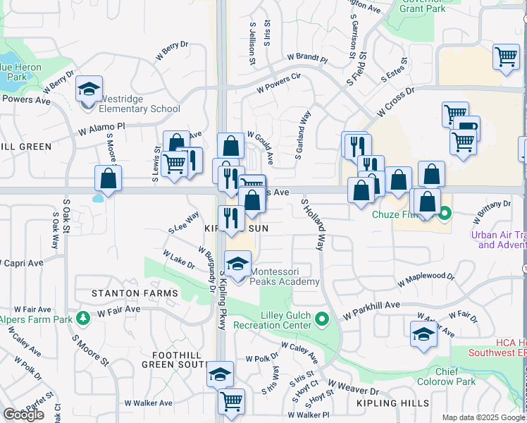 map of restaurants, bars, coffee shops, grocery stores, and more near 5910 South Jellison Street in Littleton