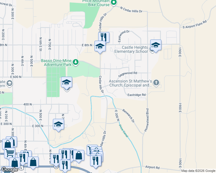 map of restaurants, bars, coffee shops, grocery stores, and more near 562 North Cottonwood Road in Price