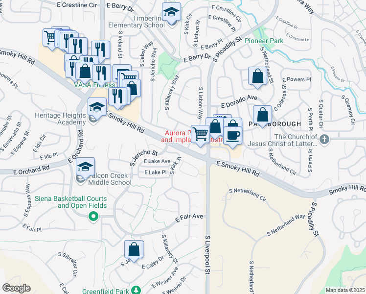 map of restaurants, bars, coffee shops, grocery stores, and more near 20667 East Smoky Hill Road in Centennial