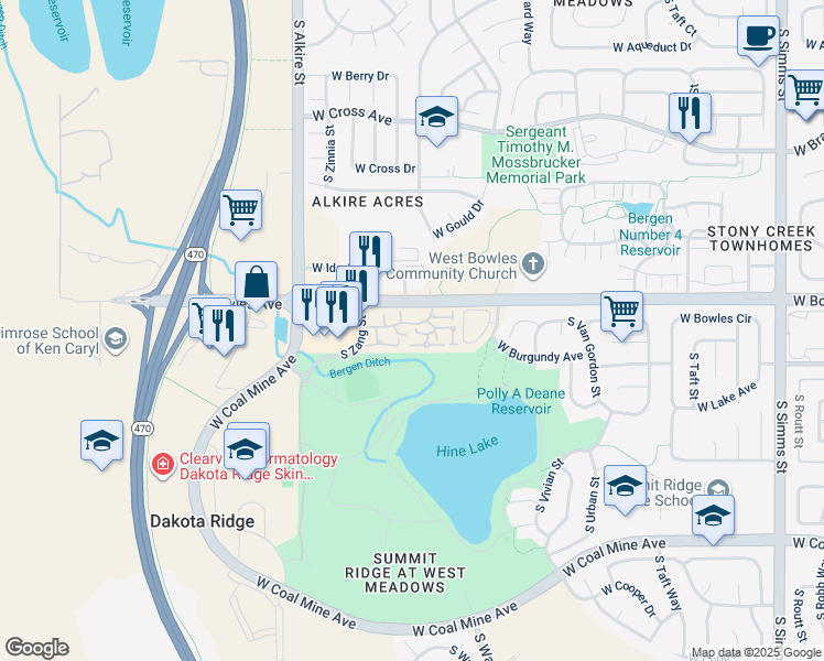 map of restaurants, bars, coffee shops, grocery stores, and more near 12826 West Brittany Drive in Littleton