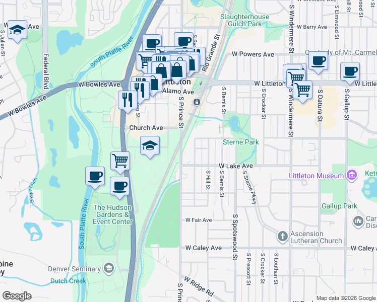 map of restaurants, bars, coffee shops, grocery stores, and more near 5955 South Sycamore Street in Littleton