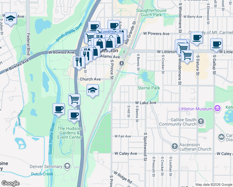 map of restaurants, bars, coffee shops, grocery stores, and more near 5955 South Sycamore Street in Littleton