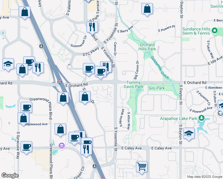 map of restaurants, bars, coffee shops, grocery stores, and more near 5920 South Willow Way in Greenwood Village