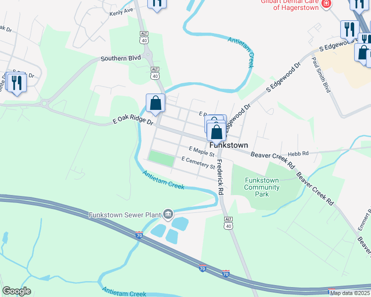 map of restaurants, bars, coffee shops, grocery stores, and more near 13 East Maple Street in Hagerstown