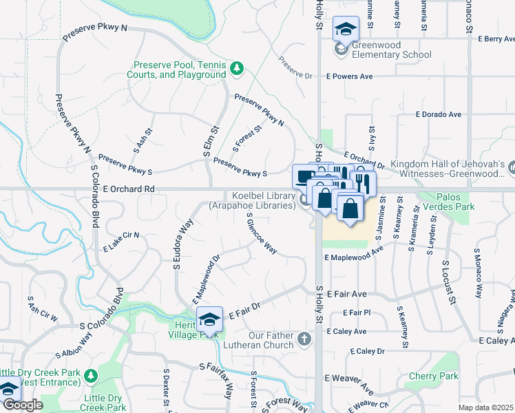 map of restaurants, bars, coffee shops, grocery stores, and more near 5351 East Brittany Place in Centennial