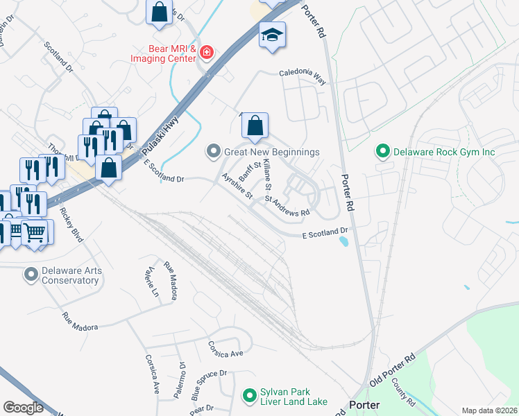 map of restaurants, bars, coffee shops, grocery stores, and more near 50 Turnberry Court in Bear