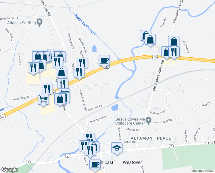 map of restaurants, bars, coffee shops, grocery stores, and more near 800 Riverwoods Road in North East