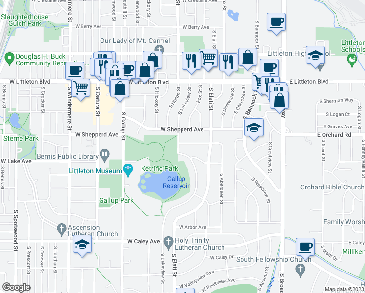 map of restaurants, bars, coffee shops, grocery stores, and more near 5958 South Lakeview Street in Littleton