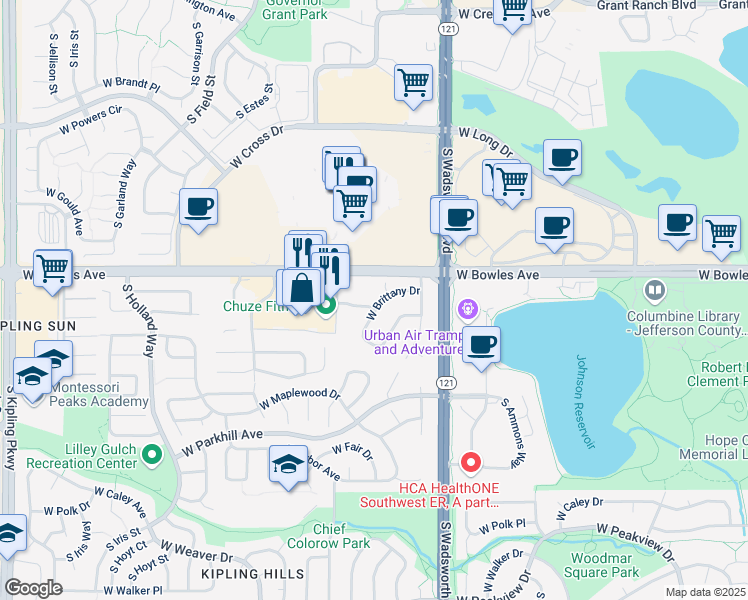 map of restaurants, bars, coffee shops, grocery stores, and more near 8611 West Brittany Drive in Littleton