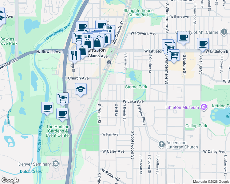map of restaurants, bars, coffee shops, grocery stores, and more near 5928 South Hill Street in Littleton