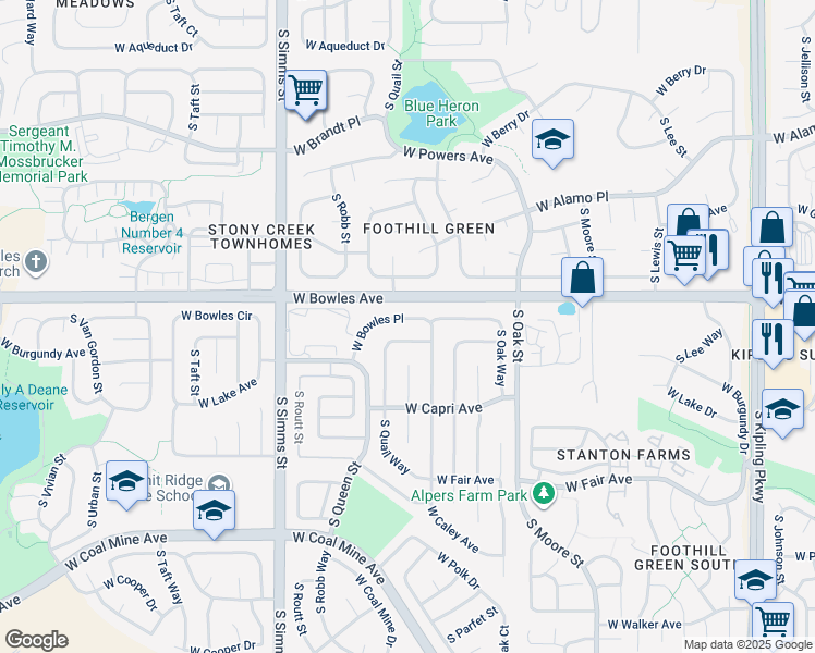 map of restaurants, bars, coffee shops, grocery stores, and more near 11256 West Bowles Place in Littleton
