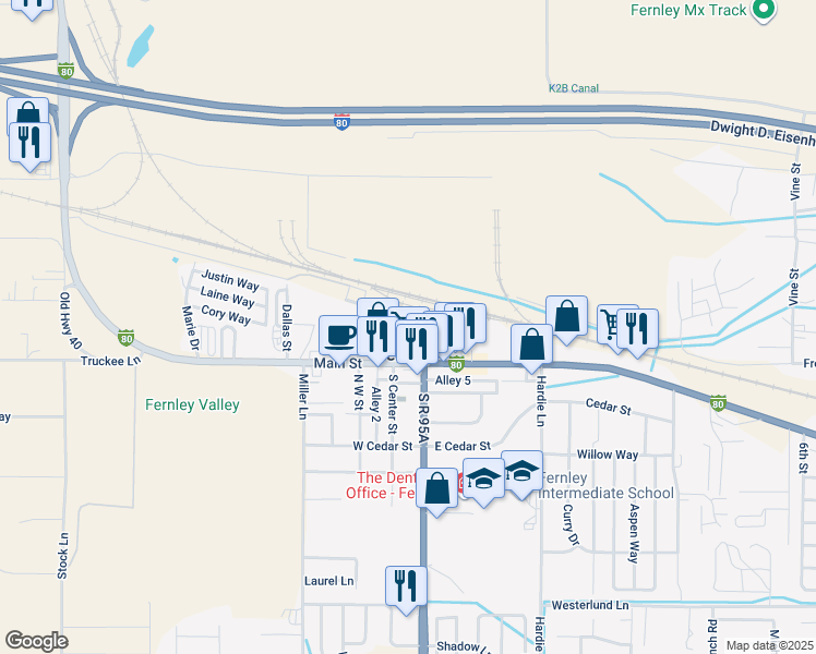 map of restaurants, bars, coffee shops, grocery stores, and more near 75 West Front Street in Fernley