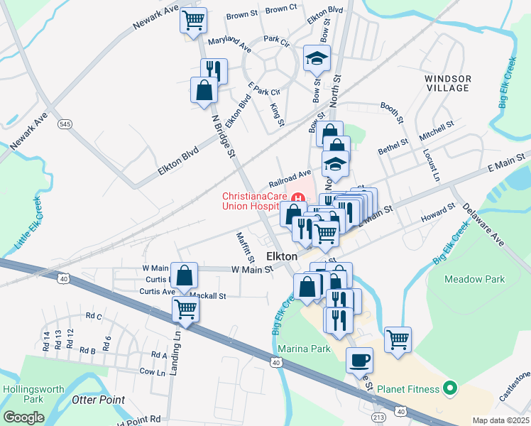 map of restaurants, bars, coffee shops, grocery stores, and more near 151 West High Street in Elkton