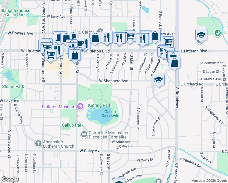 map of restaurants, bars, coffee shops, grocery stores, and more near 5958 South Lakeview Street in Littleton