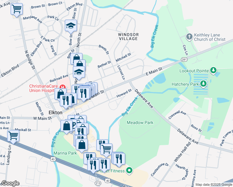 map of restaurants, bars, coffee shops, grocery stores, and more near 217 Howard St in Elkton