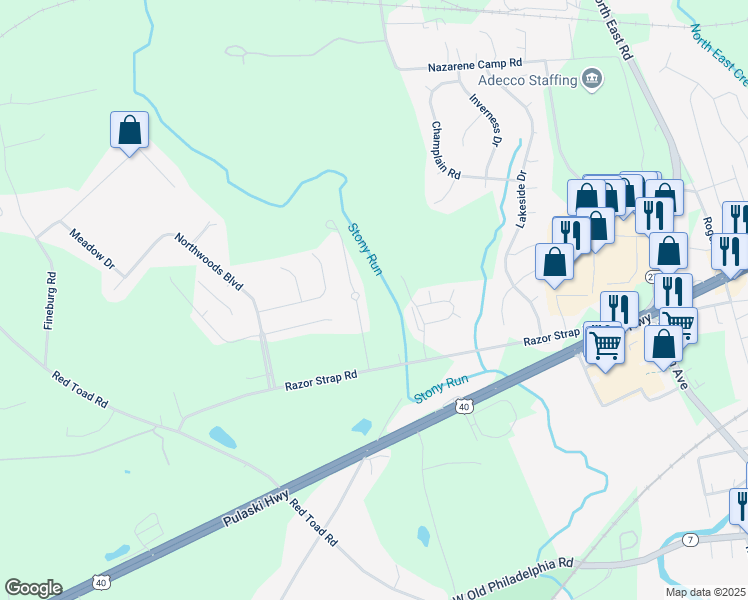 map of restaurants, bars, coffee shops, grocery stores, and more near 18 Stoney Run Creek Road in North East