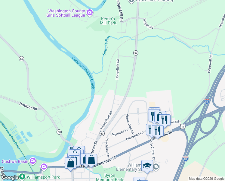 map of restaurants, bars, coffee shops, grocery stores, and more near 10736 Honeyfield Road in Williamsport
