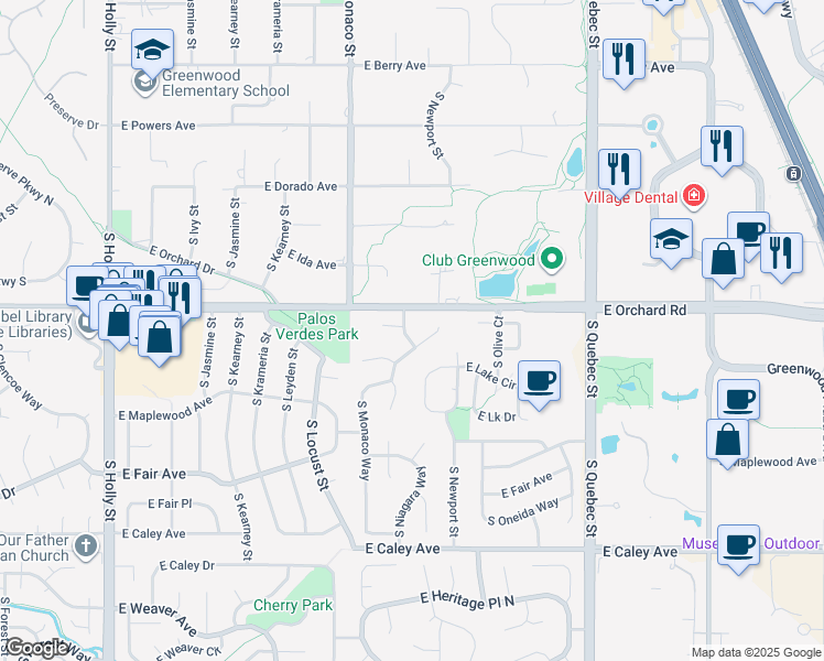map of restaurants, bars, coffee shops, grocery stores, and more near 5912 South Niagara Street in Centennial