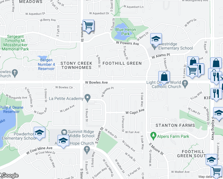 map of restaurants, bars, coffee shops, grocery stores, and more near 11256 West Bowles Place in Littleton