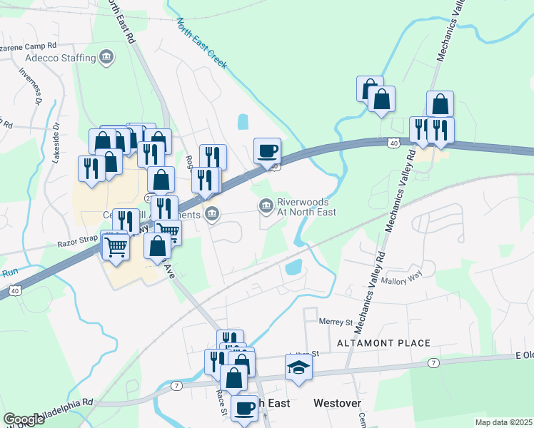 map of restaurants, bars, coffee shops, grocery stores, and more near 1000 Riverwoods Road in North East