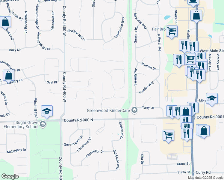 map of restaurants, bars, coffee shops, grocery stores, and more near 404 Walnut Woods Drive in Greenwood