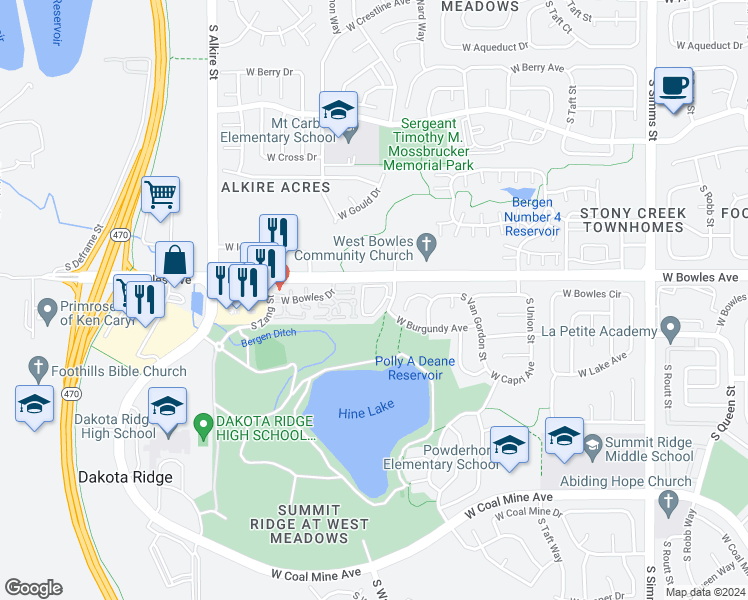 map of restaurants, bars, coffee shops, grocery stores, and more near 5945 South Wright Street in Littleton