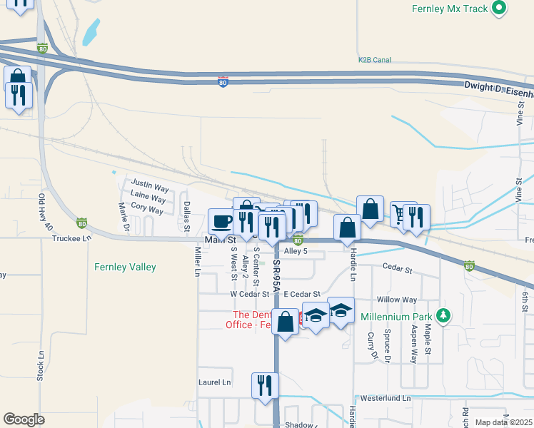 map of restaurants, bars, coffee shops, grocery stores, and more near 75 West Front Street in Fernley