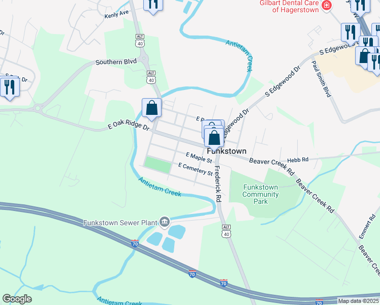 map of restaurants, bars, coffee shops, grocery stores, and more near 24 East Maple Street in Hagerstown
