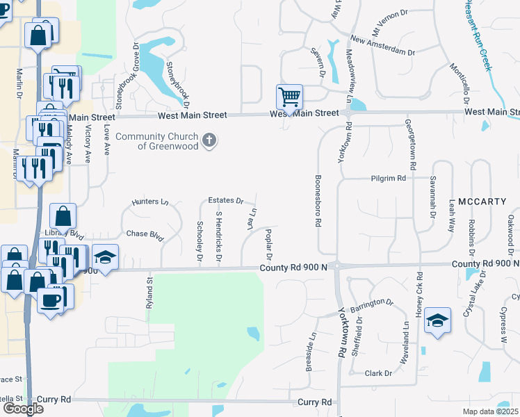 map of restaurants, bars, coffee shops, grocery stores, and more near 365 Lea Lane in Greenwood