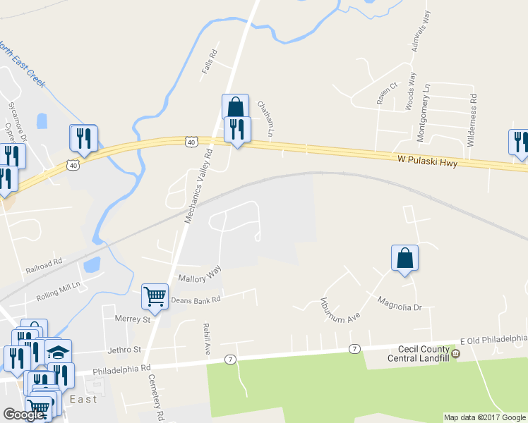 map of restaurants, bars, coffee shops, grocery stores, and more near 18 Augusta Loop in North East