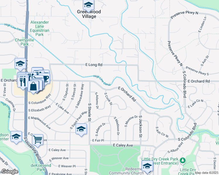 map of restaurants, bars, coffee shops, grocery stores, and more near 3491 East Orchard Road in Centennial