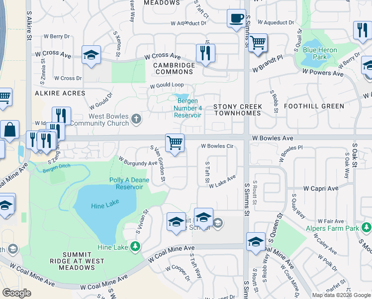 map of restaurants, bars, coffee shops, grocery stores, and more near 5928 South Union Street in Littleton