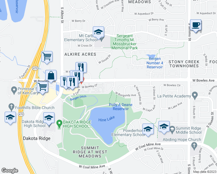 map of restaurants, bars, coffee shops, grocery stores, and more near 5945 South Wright Street in Littleton