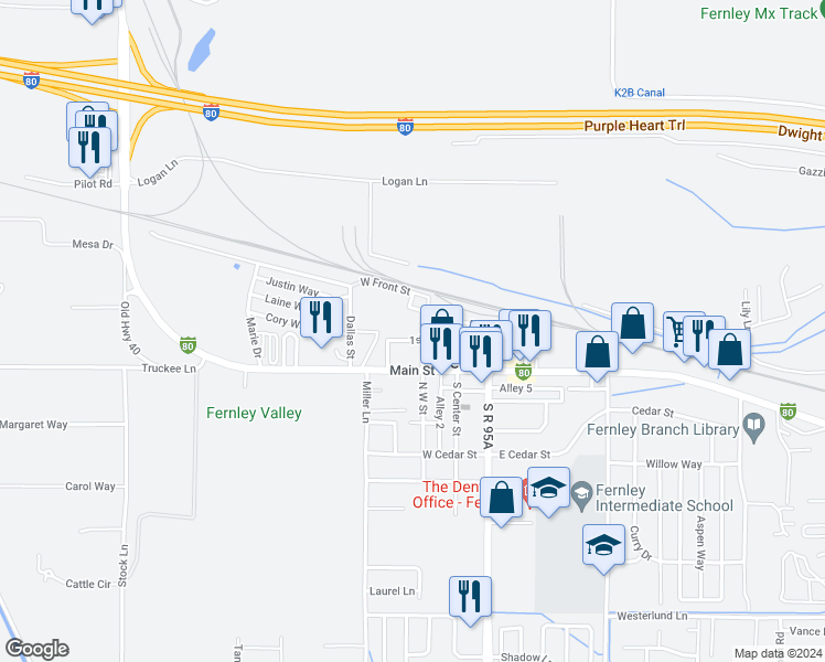 map of restaurants, bars, coffee shops, grocery stores, and more near 250 1st Street in Fernley
