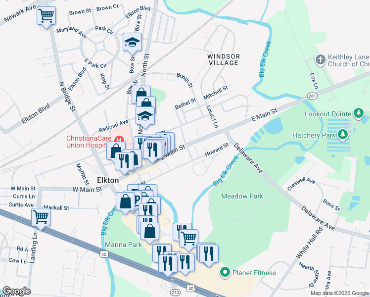 map of restaurants, bars, coffee shops, grocery stores, and more near 190 East Main Street in Elkton