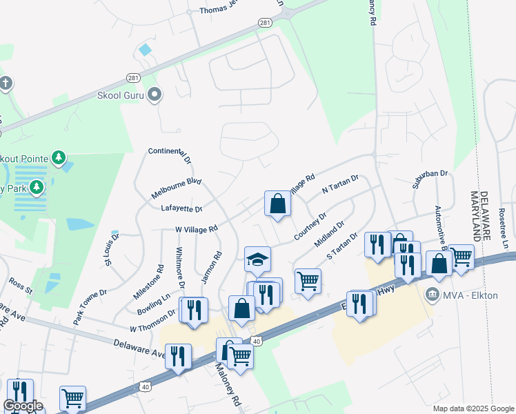 map of restaurants, bars, coffee shops, grocery stores, and more near 143 East Village Road in Elkton