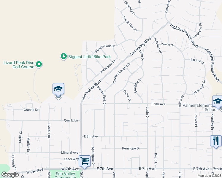 map of restaurants, bars, coffee shops, grocery stores, and more near 5950 Smokey Canyon Drive in Sun Valley