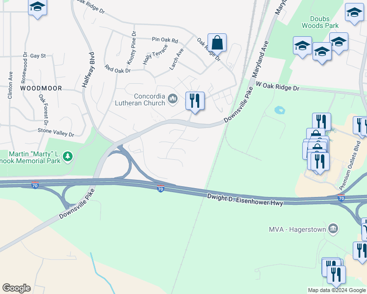 map of restaurants, bars, coffee shops, grocery stores, and more near 18014 Par 3 Drive in Hagerstown