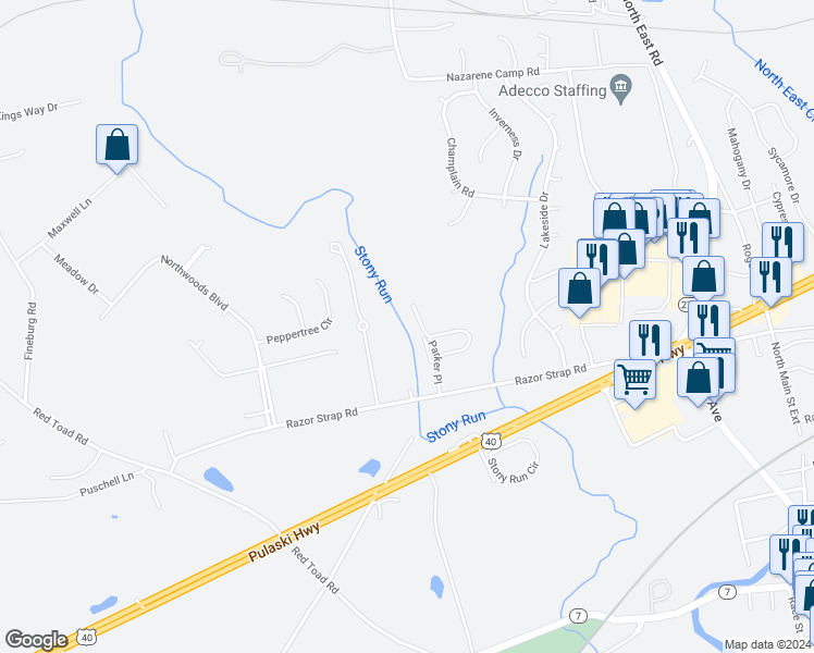 map of restaurants, bars, coffee shops, grocery stores, and more near 25 Parker Place in North East