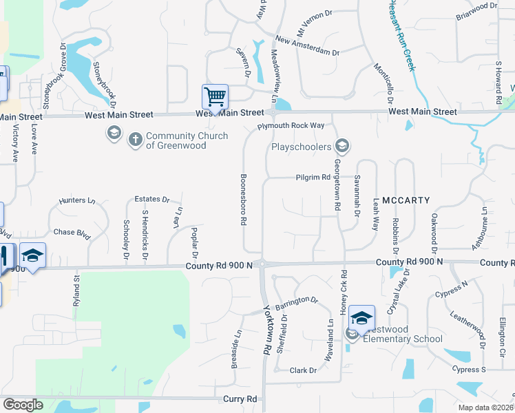 map of restaurants, bars, coffee shops, grocery stores, and more near 542 Yorktown Rd in Greenwood