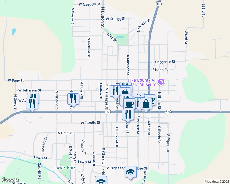 map of restaurants, bars, coffee shops, grocery stores, and more near 101 West Jefferson Street in Pittsfield