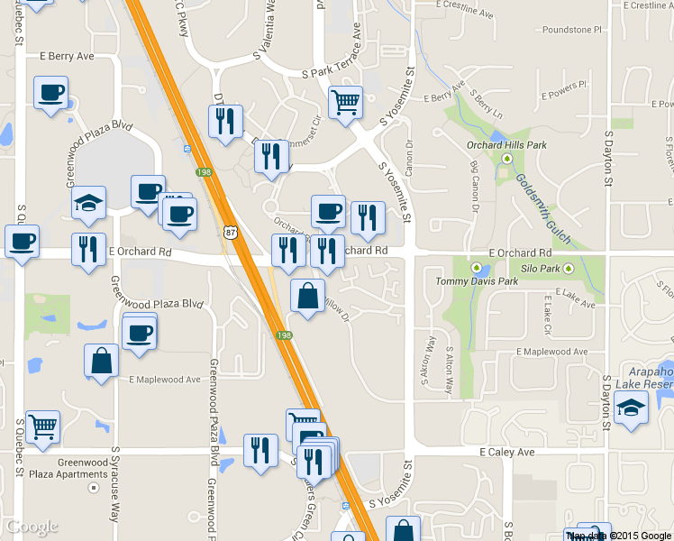 map of restaurants, bars, coffee shops, grocery stores, and more near 8727 East Roundtree Avenue in Greenwood Village