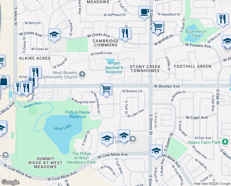 map of restaurants, bars, coffee shops, grocery stores, and more near 5928 South Union Street in Littleton