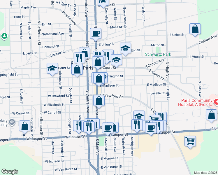 map of restaurants, bars, coffee shops, grocery stores, and more near 124 East Madison Street in Paris
