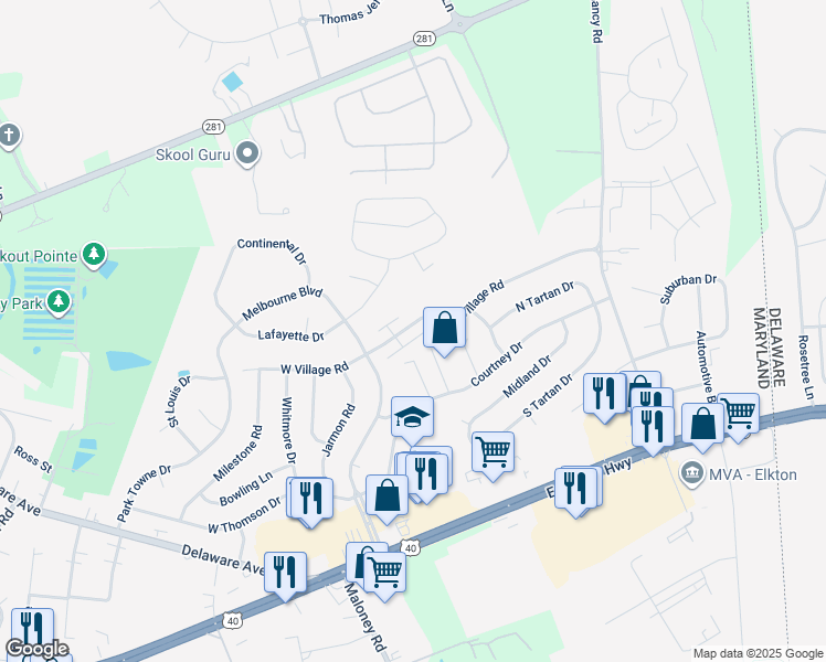 map of restaurants, bars, coffee shops, grocery stores, and more near 143 East Village Road in Elkton