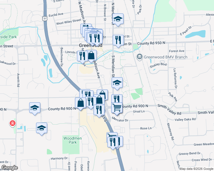 map of restaurants, bars, coffee shops, grocery stores, and more near 523 South Madison Avenue in Greenwood